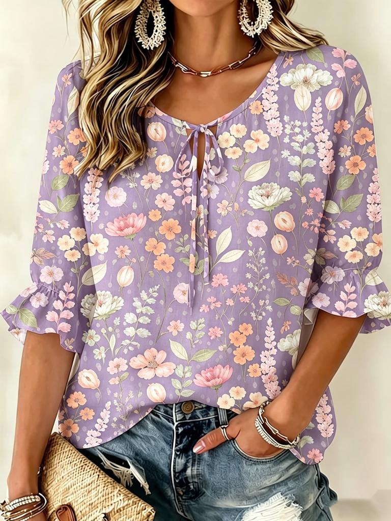 Women Round Neck Tie 3/4 Ruffle Sleeve Blouse, Mixed Shapes Tiny Floral Print, Versatile Top for Home & Commute