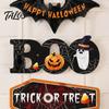 Outdoor Halloween Door Decor Happy Wooden Sign, Cute Bat Ghost Pumpkin Boo Hanger, Trick Hanging Ornament or Treat Wall Sign for Party, Front