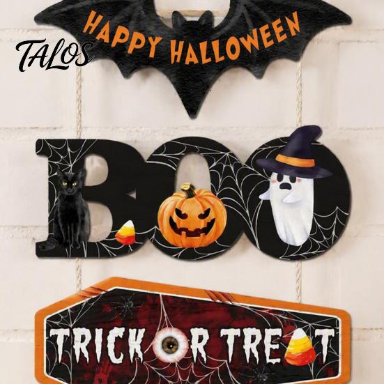 Outdoor Halloween Door Decor Happy Wooden Sign, Cute Bat Ghost Pumpkin Boo Hanger, Trick Hanging Ornament or Treat Wall Sign for Party, Front