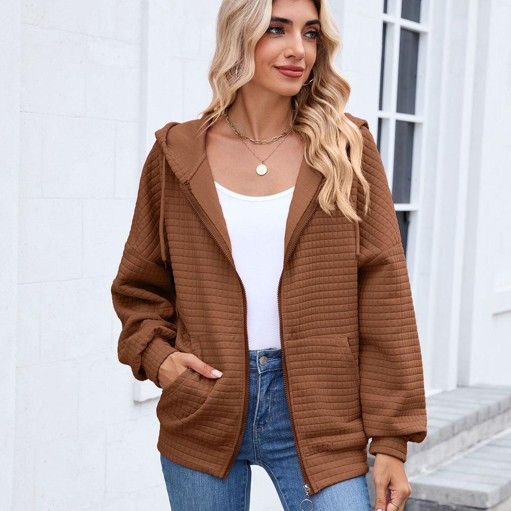 European and American-style Women's Solid Color Zip-up Long-sleeve Hooded Sweatshirt/jacket for Fall and Winter
