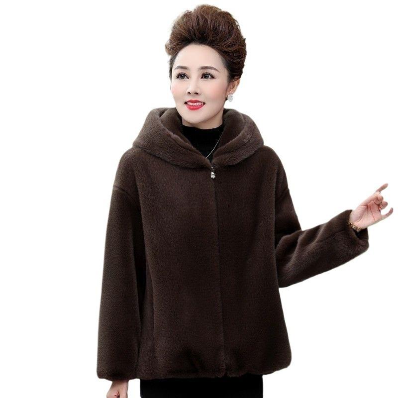 Autumn and Winter New Imitation Mink Velvet Fur Coat Women's Wide Too Hooded Medium and Old Imitation Mink Coat Cotton Coat Large Size