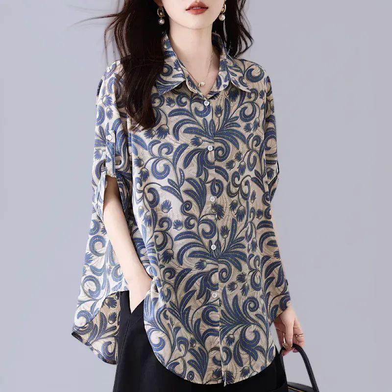 

September Momo Summer Plus Size Graceful and Fashionable Polo Collar Shirt High-End Loose Slim Fit Shirt Western Style Small Shirt for Women Color 3XL