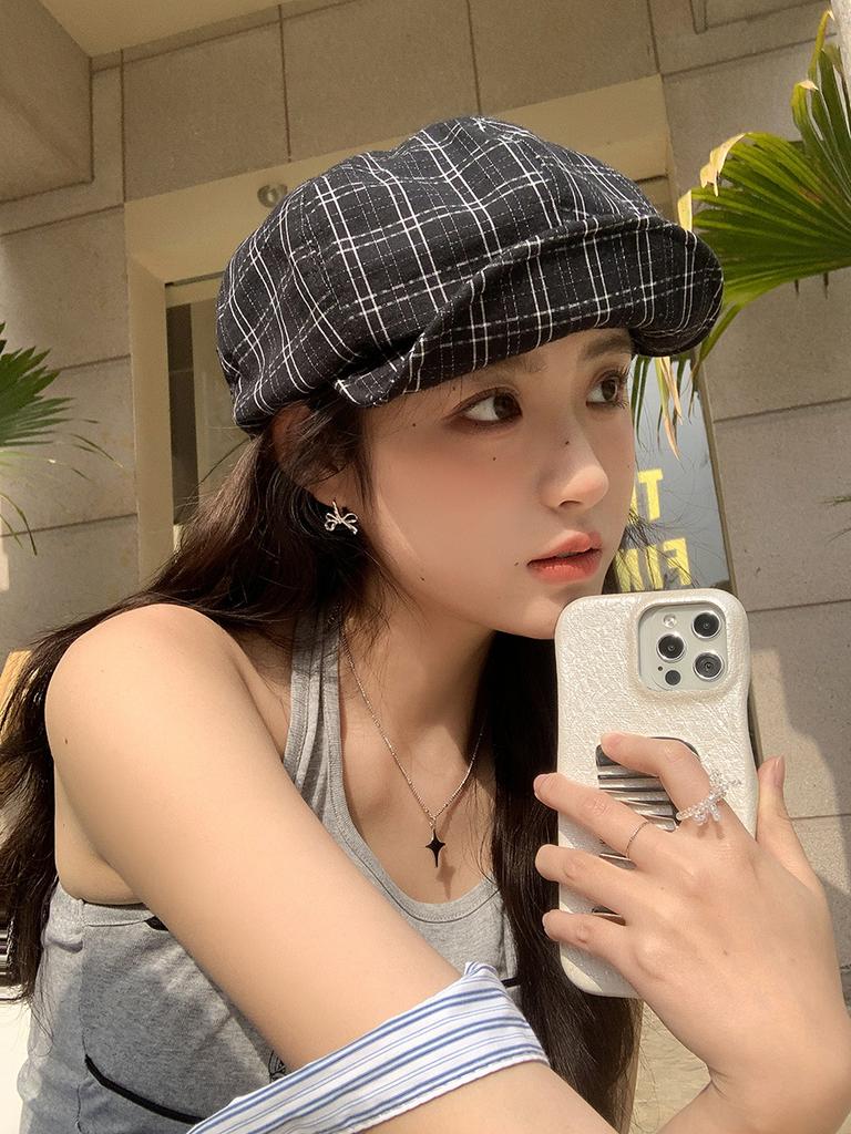 Korean Plaid Beret Female Spring And Summer Mori Literary And Artistic Versatile Newsboy Hat Showing Face Small Octagonal Hat Painter Hat