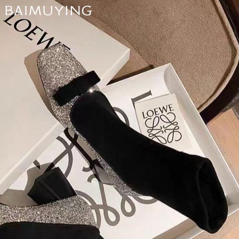 Square Toe Bling Women Snow Ankle Boots Bow Mid Heels Fad Sock Boots Suede Chunky Shoes 2024 Trend Winter Designer Botas Mujer