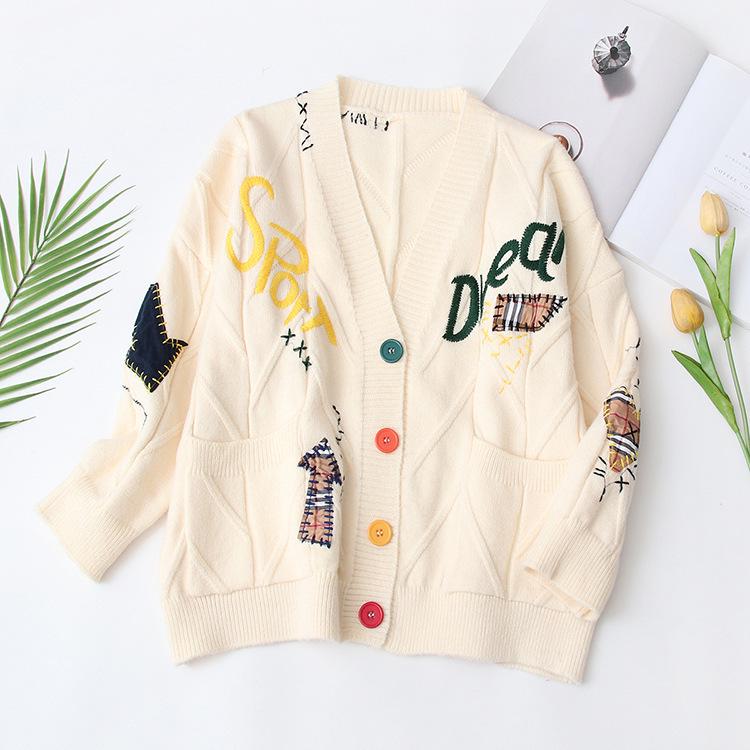 Korean Style Colorful Embroidered V-Neck Knit Sweater Coat for Women - Autumn/Winter