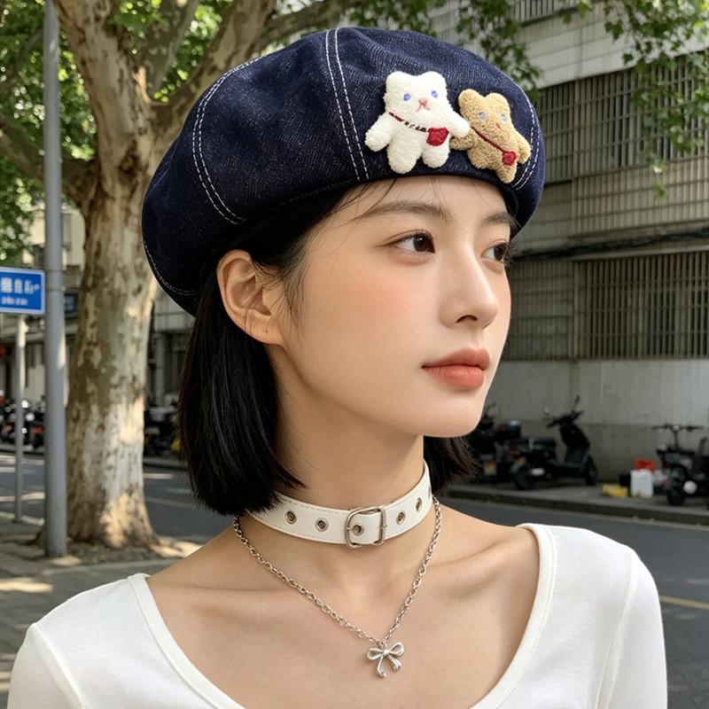 Bear Denim Beret Hat With Adjustable Fit For Casual Women Summer Style