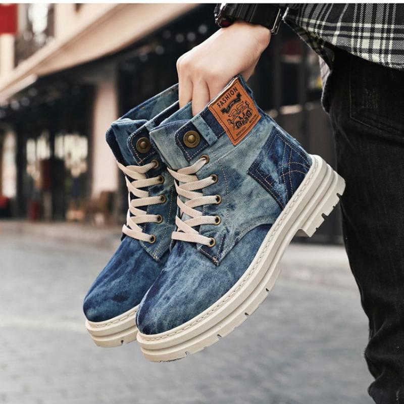 Men's Denim Cowboy Boots High Top Lace-Up Retro British Style Work Boots for Autumn Western Comfort Sneakers Big Size 39-48