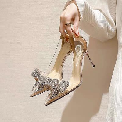 Fashion 2024 Spring Autumn Shiny Thin High-heeled Shoes Women Pumps Pointed Rhinestone Bow Champagne/Silver Stiletto Bridal Wedding Shoe