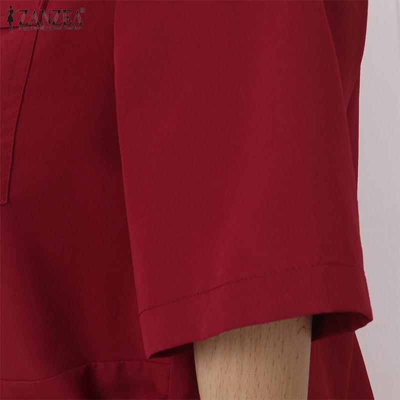 ZANZEA Women Casual Turn Down Collar Summer Short Sleeve Plain Dress