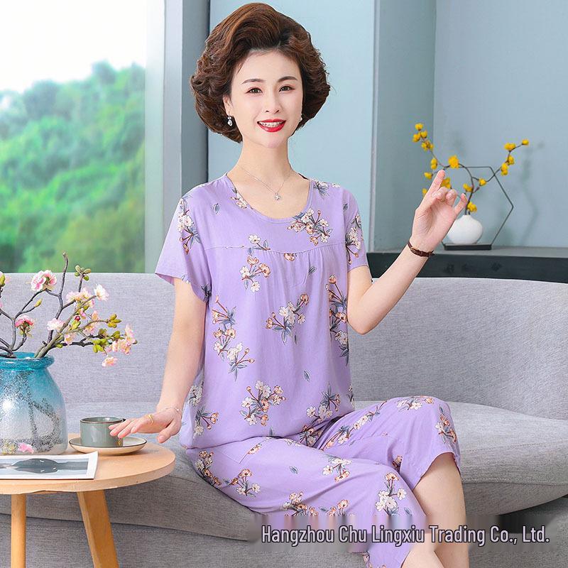Women's Plus Size Summer Cotton Pajama Set for Middle-Aged & Elderly - Short-Sleeved Homewear Suitable for Outdoor Wear