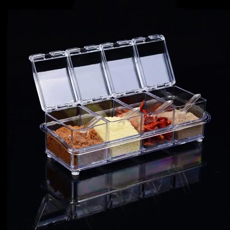 Four In One with Spoon Kitchen Organizer Storage Boxes Spices Seasoning Jar Transparent Sugar Salt Bottle Kitchen Accessories