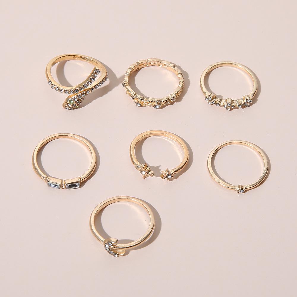 Full Of Diamond Stars Moon Snake Personality Retro 7-Piece Ring Female
