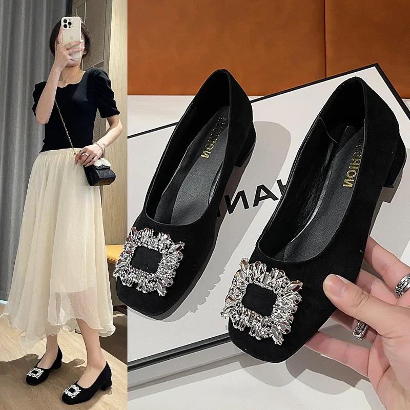 Fashion Women Square Heel Round Toe Crystal Pumps Plus Size 35-42 Black  Elegant Office Shoes For Ladies Comfortable Slip Ons 3.5cm