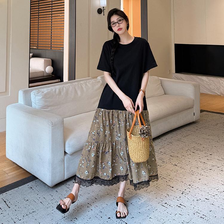 

DIMANAF 2025 Женское длинное платье Базовое винтажное летнее платье-рубашка с коротким рукавом Цветочная вставка Повседневное свободное платье большого размера 3XL чёрный