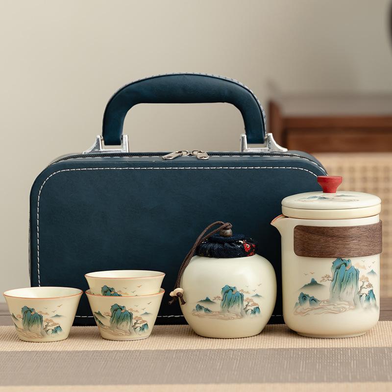 Ru Kiln Travel Tea Set, Outdoor Portable Ceramic Express Cup with Teapot, Tea Can, Leather Bag, Business Gift.
