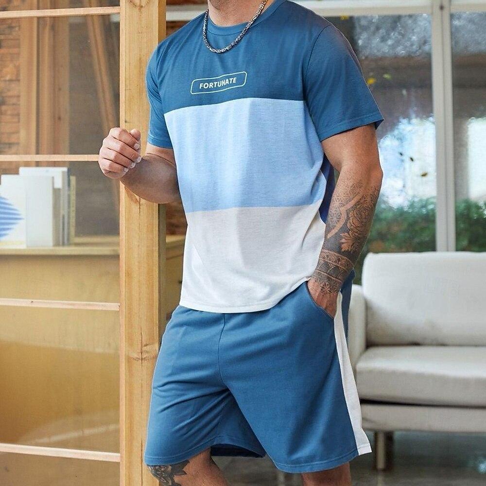

Men s Stripes Tees sets Summer Tops Short Sleeve Short Pants Crew Neck Sport Casual Outdoor Sport Daily Print Summer S