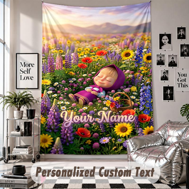 Wall Hanging Tapestry With Custom Name & Text, Masha and the Bear Decorative Tapestry For Bedroom