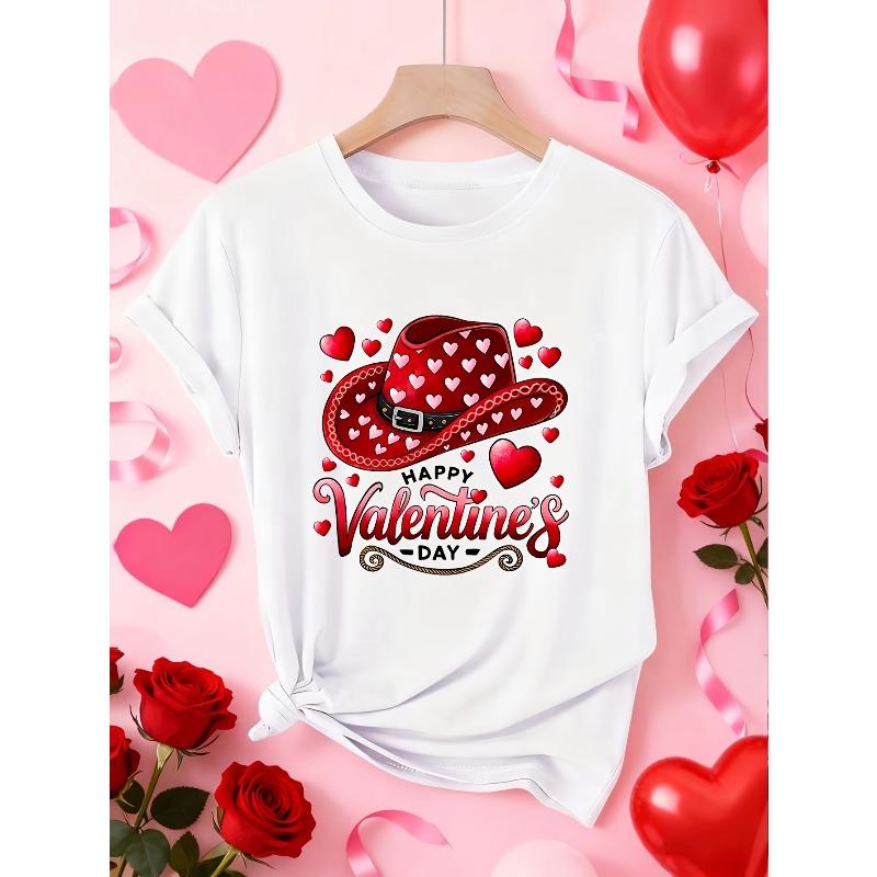 Женская шляпа ко Дню святого Валентина Футболка с принтом сердца Западный деним Счастливого Дня святого Валентина Текст Круглый вырез Короткий рукав Повседневная S-XXL Машинная стирка Весна 4XL белый