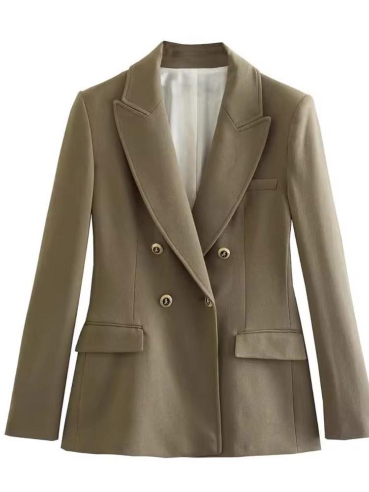 Retro Women Coat Long Sleeved V-neck Double Breasted Pocket Female Jacket Autumn Winter Commuter Lady Outwear