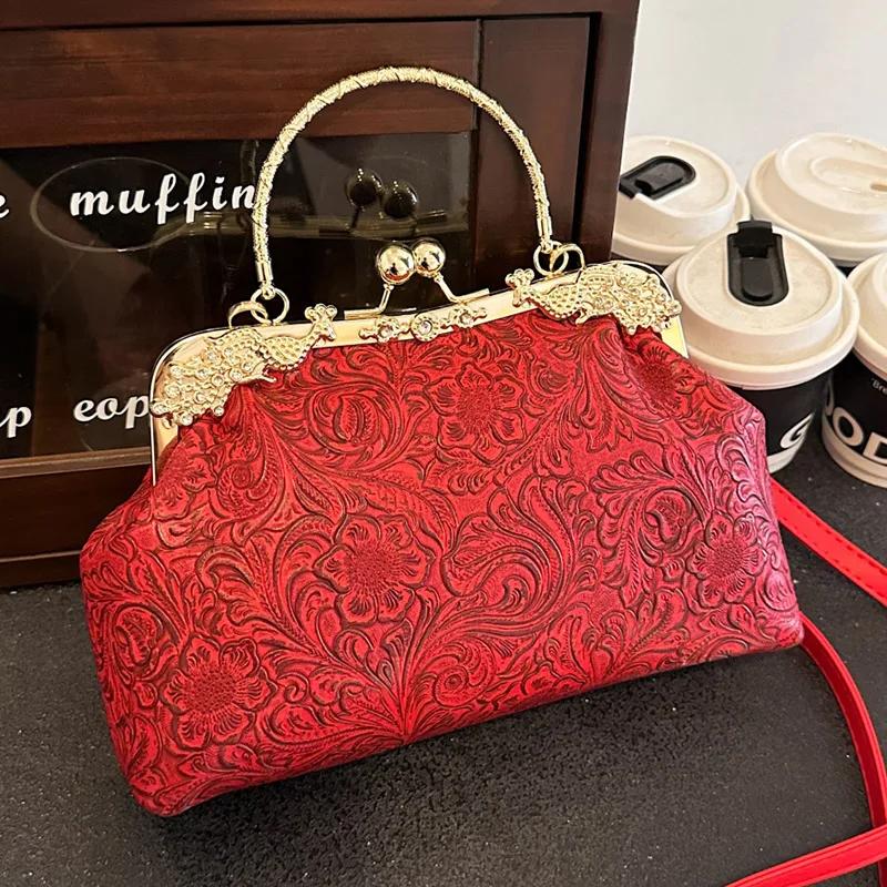 Chinese Style Prom Print Women Elegant Shoulder Bag Lady Chain Dinner Bags Green Shell Clip Fashion PU Leather