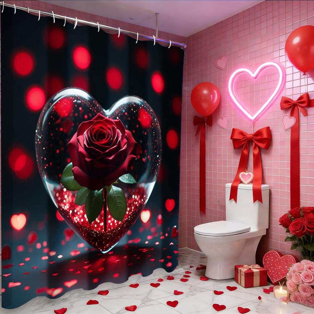 Valentine's Day Love Heart Rose Shower Curtain, Bathroom Shower Waterproof Curtain with 12 Hooks, Fish Shaped Home Decoration