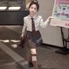 Girls' 2025 British Style Three-Piece Set: Mid-Length Trench Coat, Pleated Skirt, and Jacket for Spring/Autumn - New College Fashion.