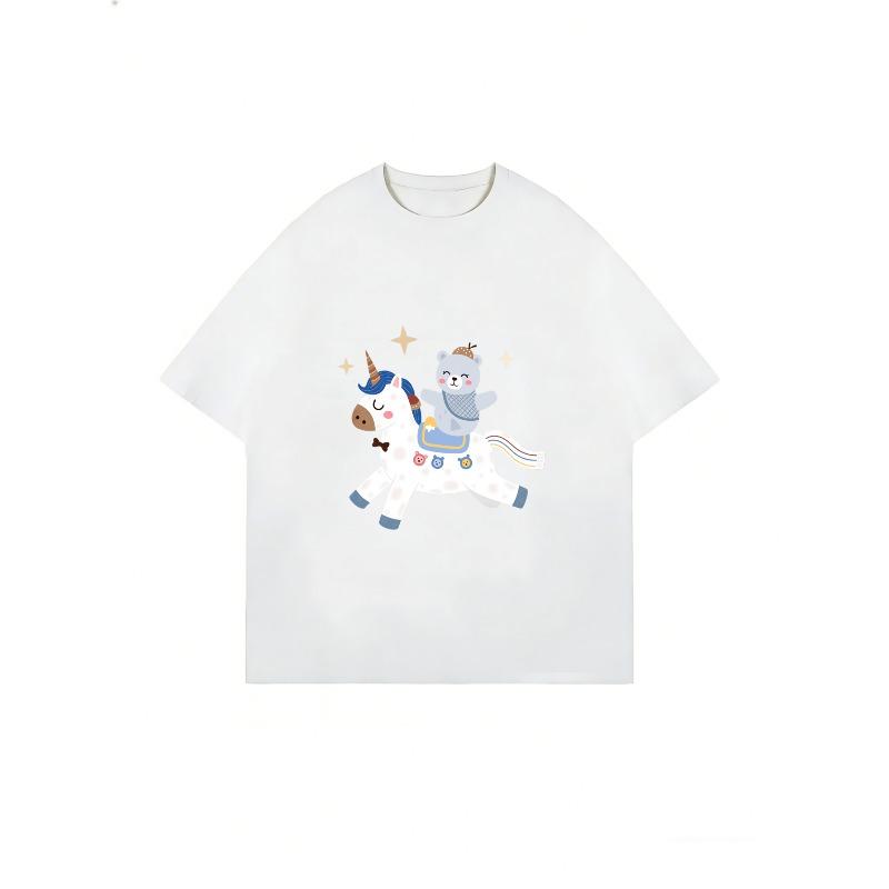 Cute Unicorn And Bear Printed White T-Shirt For Women Casual Summer Outfit Fashion Top With Cartoon Design For Daily Wear And Leisure Activities