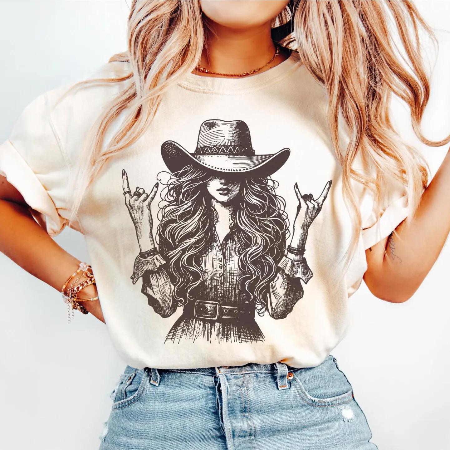 Retro Denim Lady Pattern Tshirt Western Concert Tshirt Print Pattern Comfortable Tshirt for Daily Street Wear S