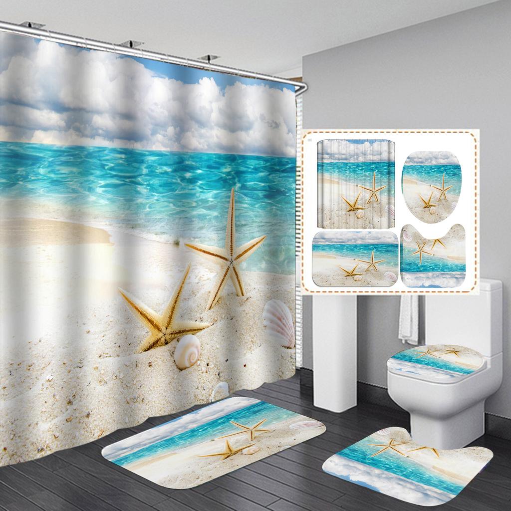4ks Beach Starfish Series Sady sprchových závěsů do koupelny Protiskluzové Koupelnové koberečky Víko WC Kryt Koupelnová předložka