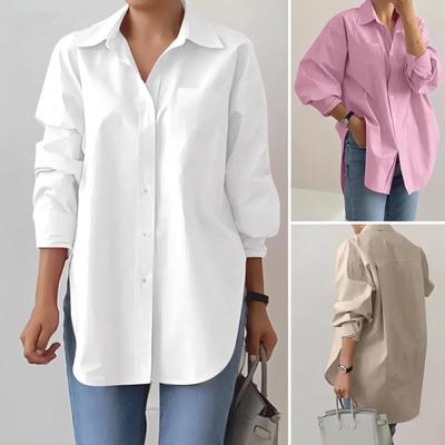 2024 Women's Oversized Lapel Shirt - Elegant Long-Sleeve, Solid Color, Slit Hem for Spring and Autumn