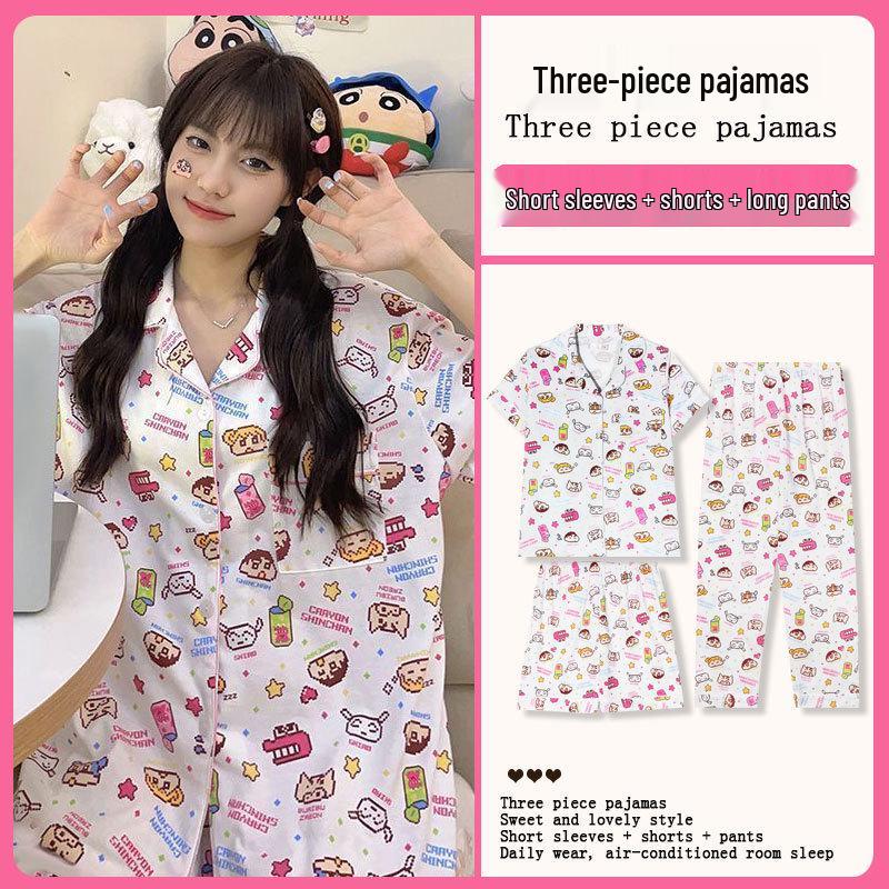 Summer Fashion Pajamas: Women's Short Sleeve Three-Piece Set with Cartoon Pacha Dog Design, Suitable for Home or Outdoors