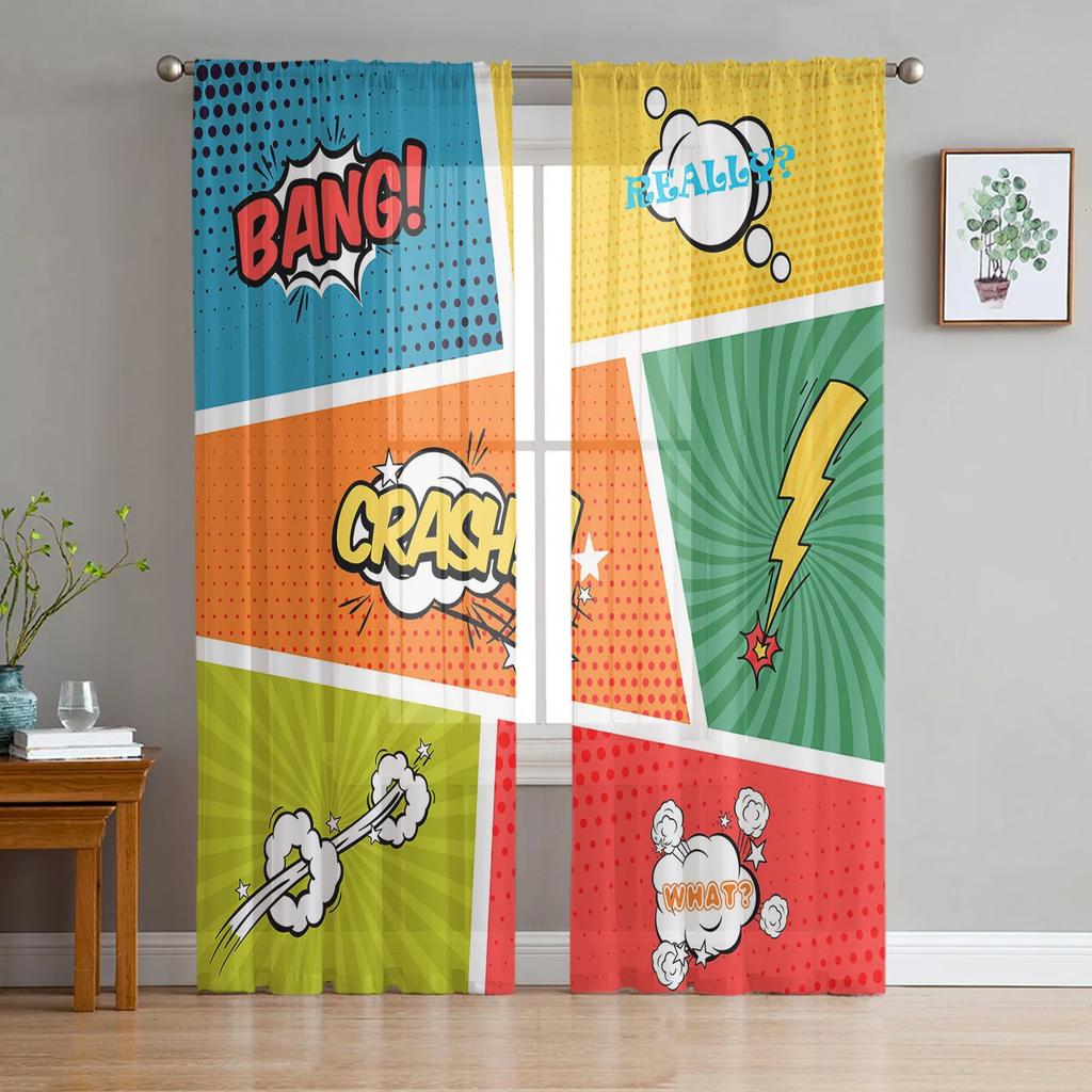 Comic Art Boom Star Voile Curtains Kitchen Living Room Bedroom Decoration Chiffon Tulle Window Treatment Light Filtering Made Of Polyester Area Decor