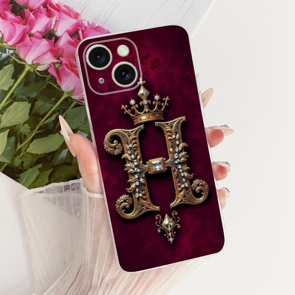 Transparent For iPhone 15 Case Cover Transparent Luxury Crown A-Z Letters 2D Flat Pattern Soft Casing A3092 A3090 A2846 A3089