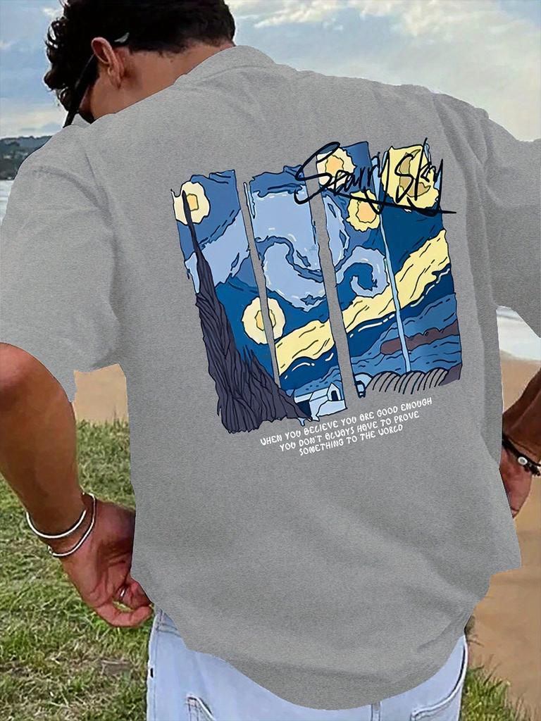 Men'S Summer Fashion Casual T-Shirt, Geometric Night Print, Crew Neck, Knit Fabric