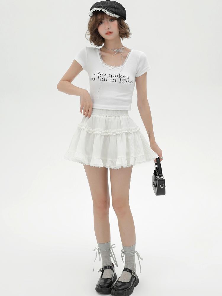 Mini Skirt Women Summer Kawaii Lace Mesh Patchwork Sexy White High Waist A-line Lolita Ruffle Skirt