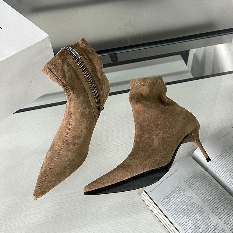 Fashion Fashion Flock Women Ankle Boots Zippers Shoes Female Thin Heels Pointed Toe Sexy Ladies Short Modern Boots Pumps Shoes