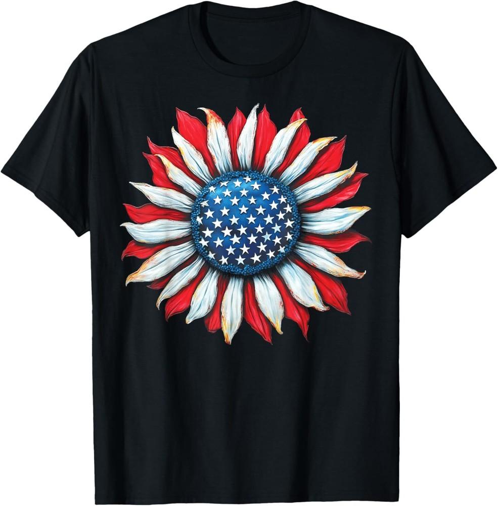 Sunflower American Flag 4th of July Women Men Merica USA T-Shirt
