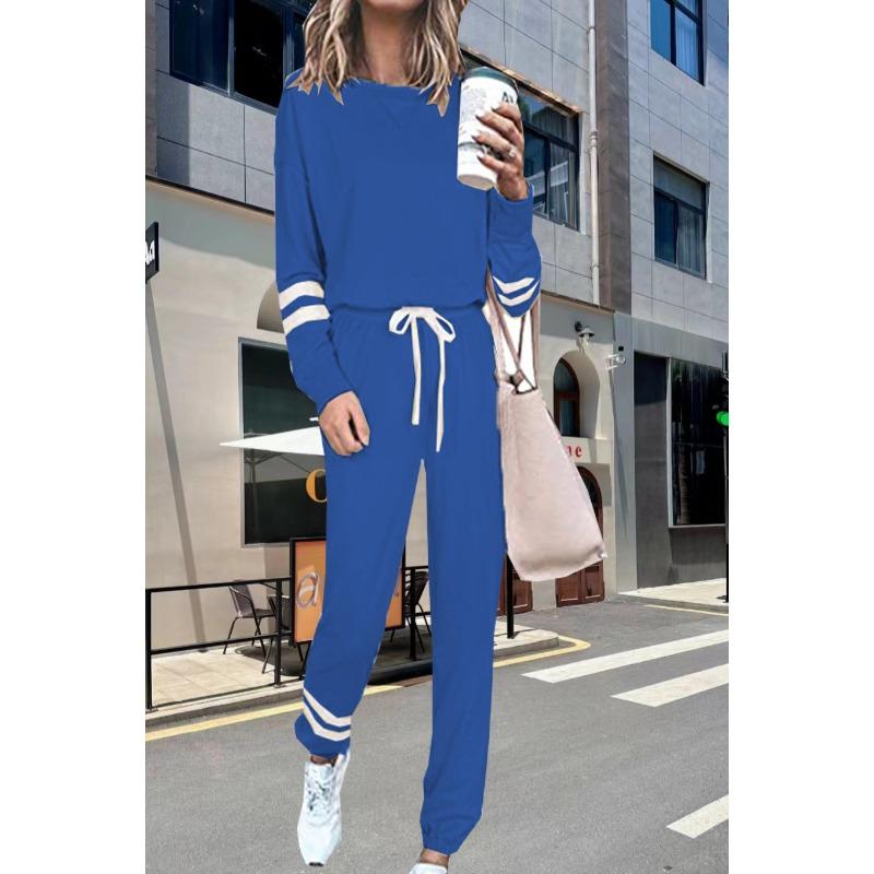 Damen Gestreifte Bündchen Langarm Kordelzug Locker Freizeit Trainingsanzug 2-teiliges Hosen-Set Loungewear Outfits