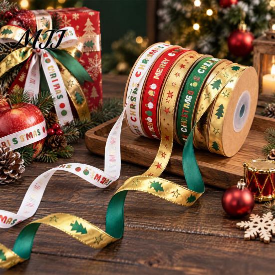 Metallic Christmas Tree Pattern Ribbon Gold Foil Ribbon, Merry Decorative Fabric Flexible for Holiday Crafts Gift Packing, Xmas Party Decorations