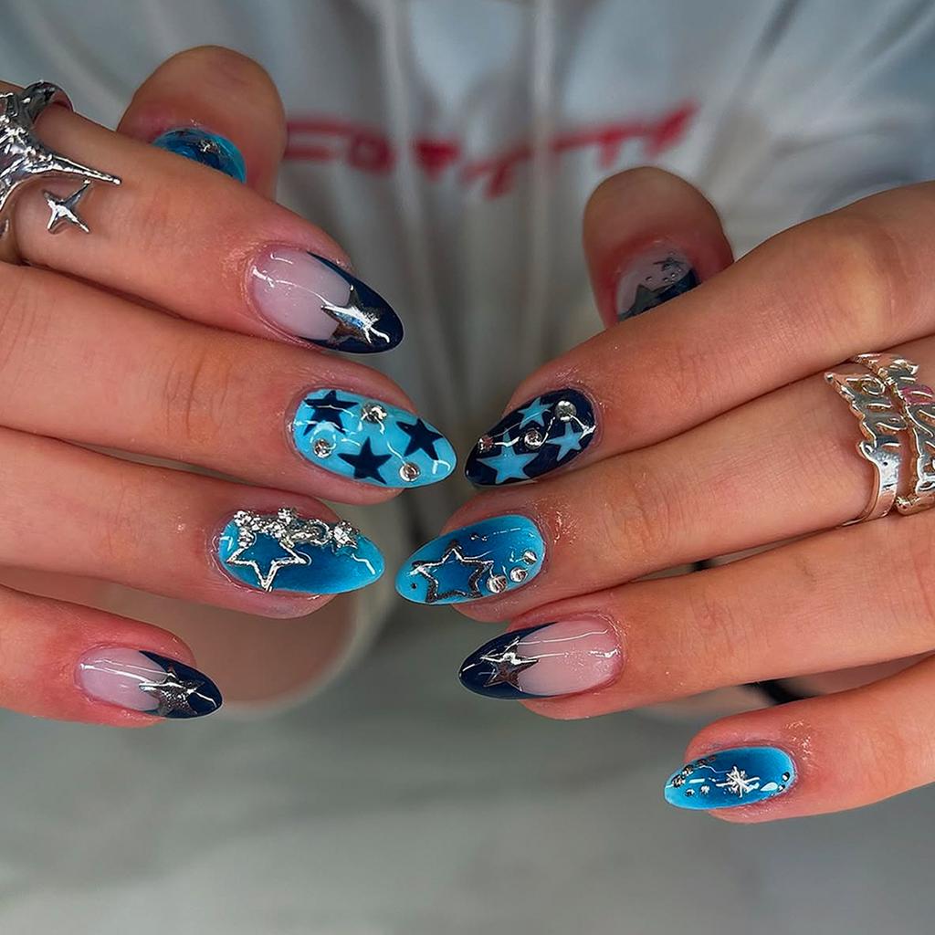 24PCS Fake Nails Sweet Cool Black Polka Dots French Spice Girl Y2k Nails Ins Pink Star Bow with Rhinestone Almond Press on Nails