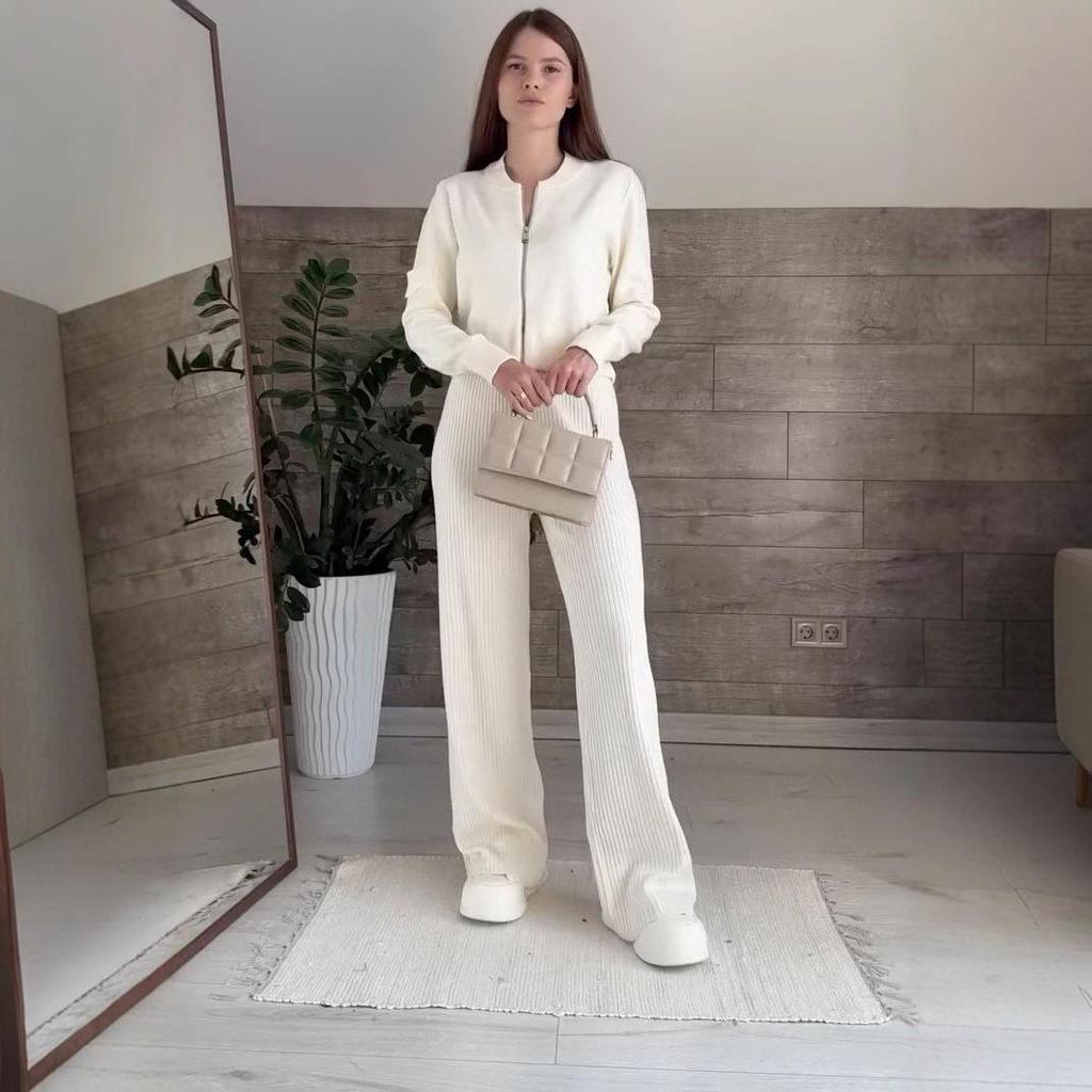 2025 Höst Dam Sportig Casual Långärmad Stickad Kofta och Byxset