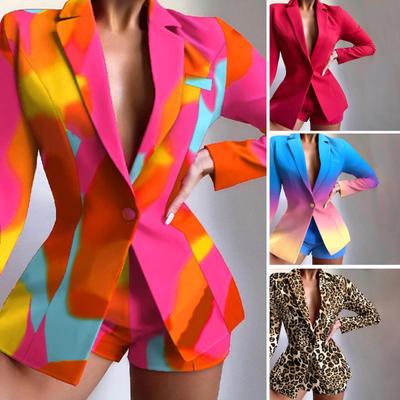 2 Pcs/Set Women Blazer Shorts Set Long Sleeves Slim Fit Elegant Deep V Neck Wash-and-wear Leopard Print