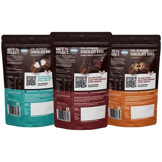 Open Secret Dark, Caramel, Coconut Chocolate Gift Pack | Healthy Premium Snacks Item For Ladies | No Refined Sugar | Pack of 3-4 Bar Each