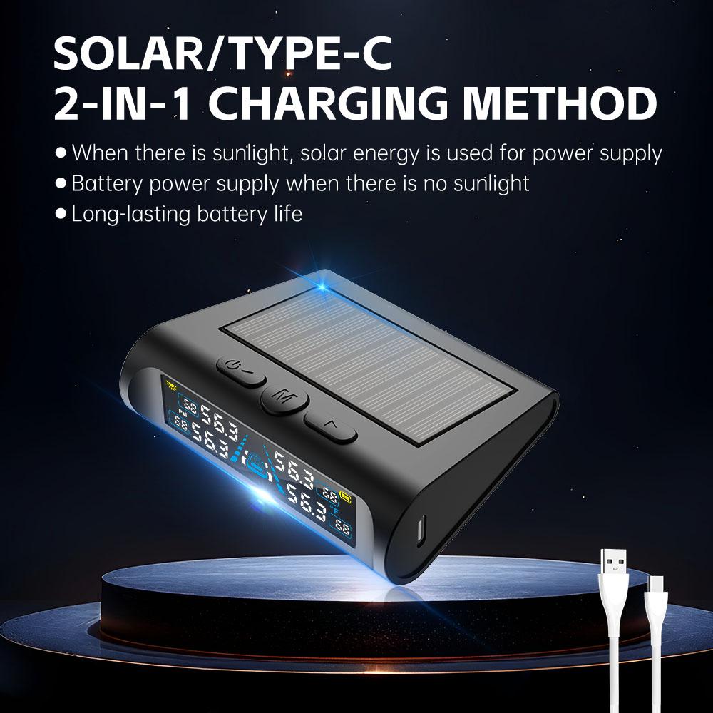 Smart Solar TPMS Tire Pressure Monitoring System with Fast Alarm and Dual Charging