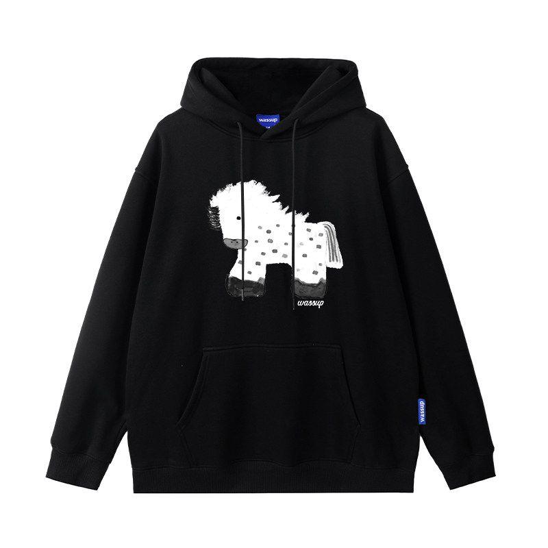 

Wassup Trendy Brand Year of the Horse Chinese Red Hoodie for Men, Hooded, Autumn and Winter, Fleece-Lined, Loose, Casual, Couple s Top, Sweatshirt Black (Heavyweight Basic) L