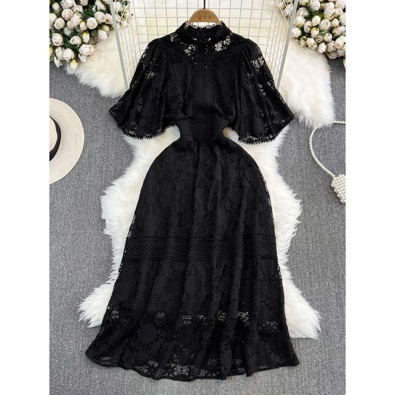 Fancy Accessible Luxury Graceful Puff Sleeve Stand-up Collar Cinched A- Line Cut Out Lace Dress Elegance Dress Long Skirt