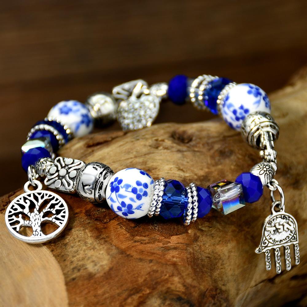 1 Stück chinesischer Wind blau und weiß Porzellan Kristall Perlen Armband männliche und weibliche Minderheit Schmuck Paar Armband