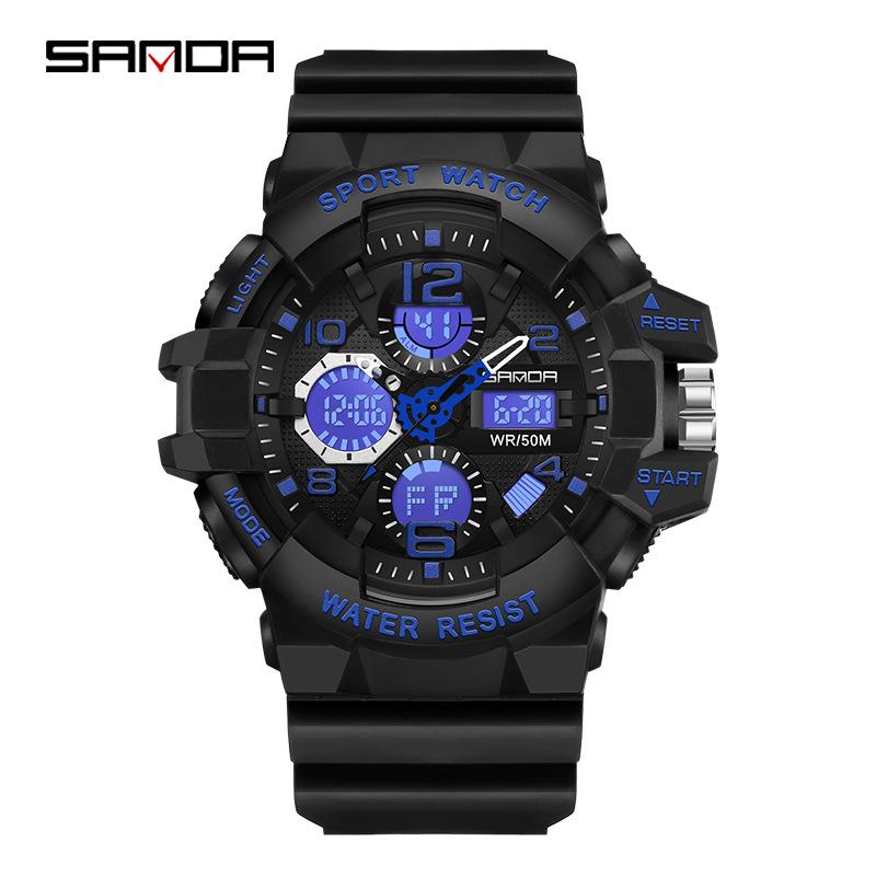 SANDA 3168 Fashion News Style Sport Wrist Watch Men Wristwatch LED Digital Quartz Dual Display Male Watch Waterproof 2024