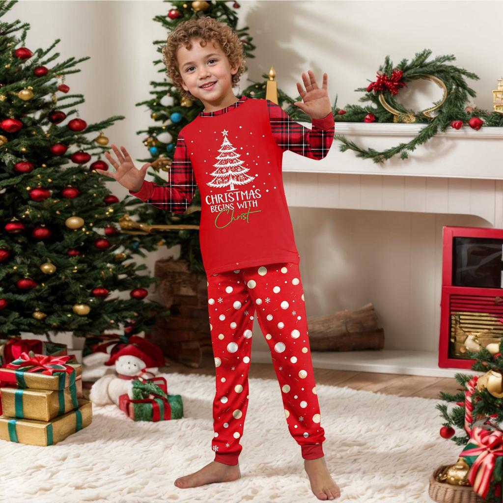 Family Matching Christmas Pajama Sets with Neck Long Sleeve Tops and Pants for Parents and Kids