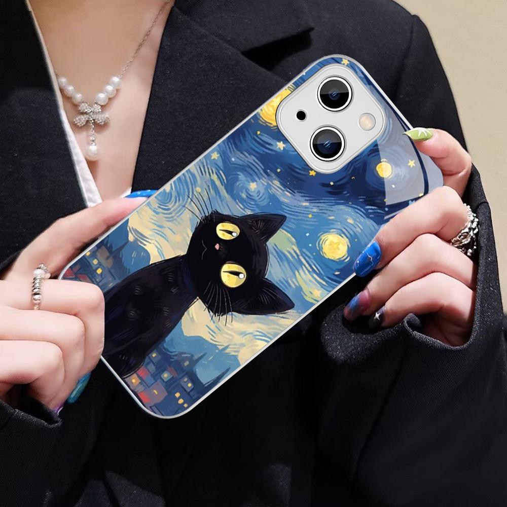 Starry Sky Cat Phone Case For IPhone 14 13 12 Mini 11 Pro XS Max X XR 14 Plus Tempered Glass Cover